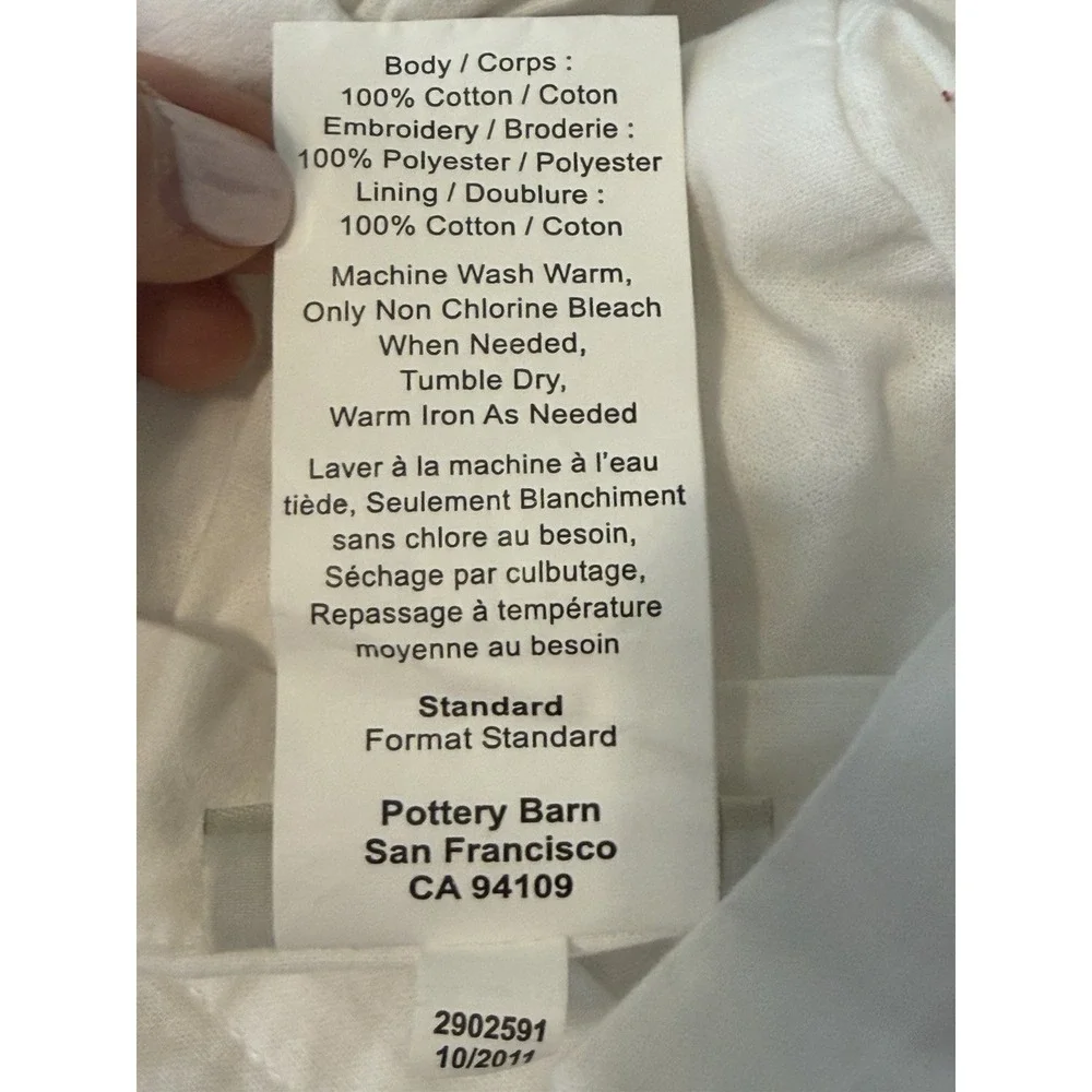 Pottery Barn Sham 1 White Ruffle Embroidered Standard Cottagecore French Country